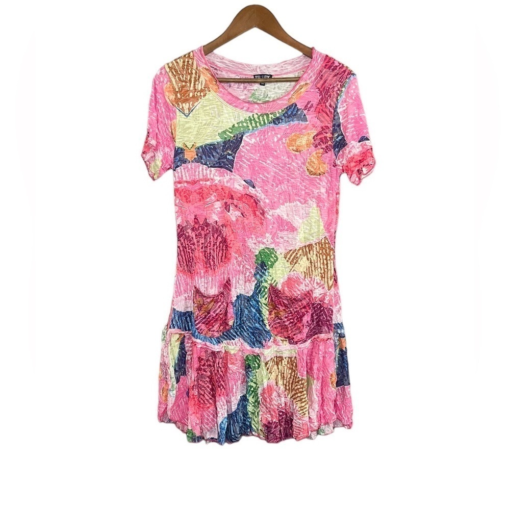 Top Ligne Abstract Crinkle Drop Ruffle Hem Dress Pink New NWOT